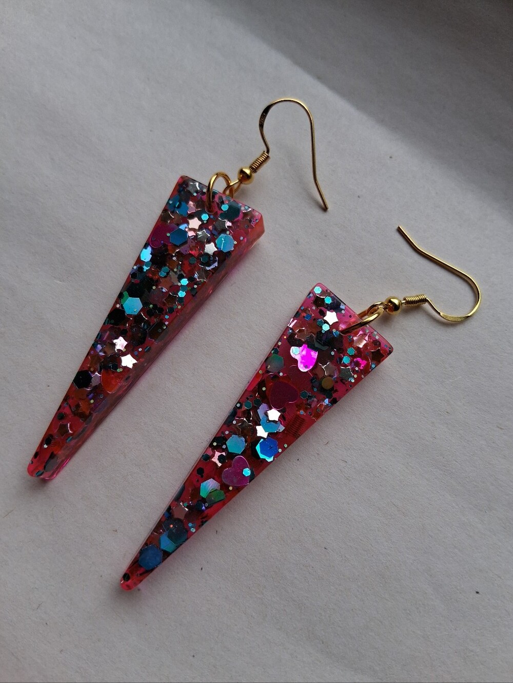 Hand Crafted Pink Glitter Triangle Drop Earrings - Picture 2 of 4